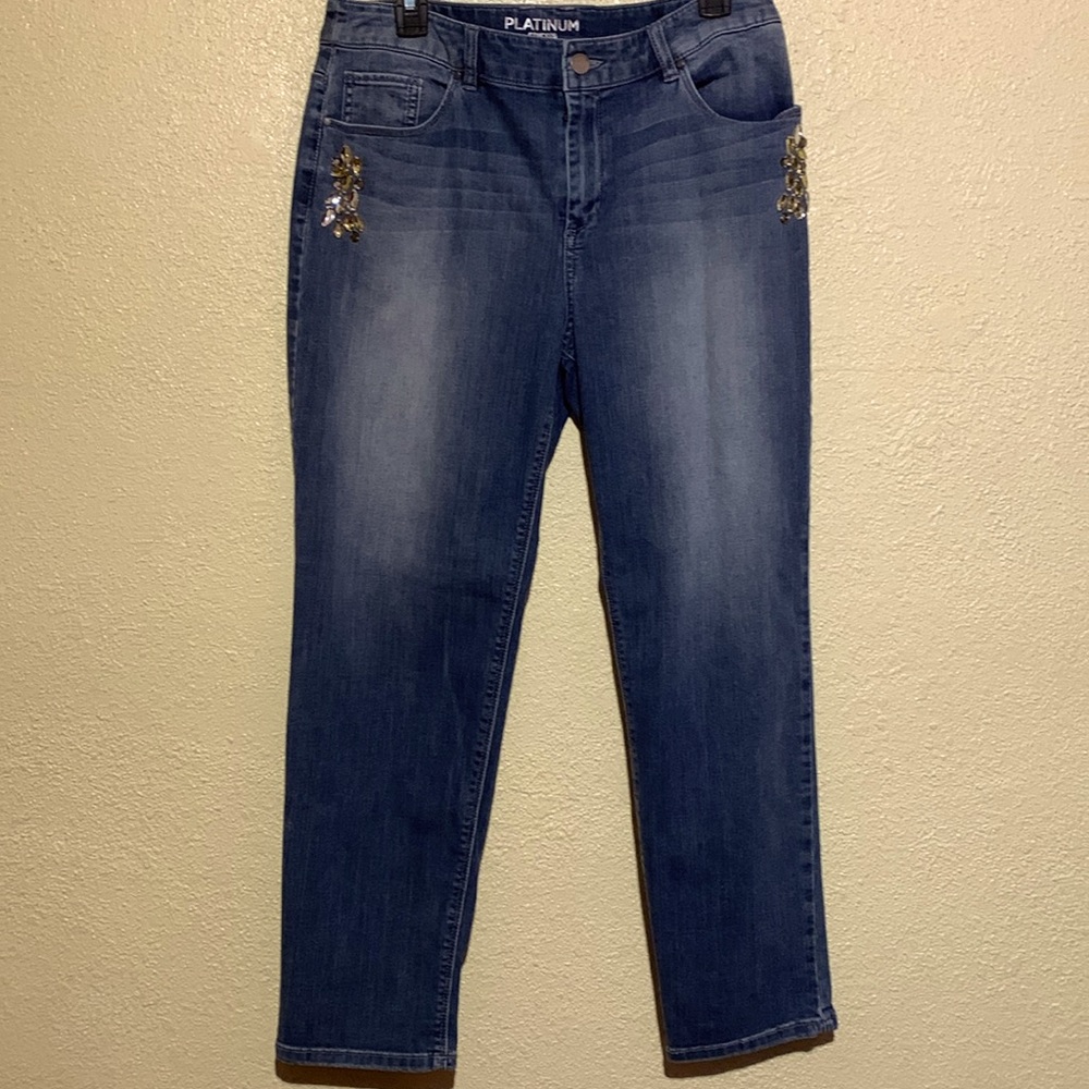 Chico's Platinum Jeans Pants 1.5 Size M 10 Stretch Rhinestones Blue Straight